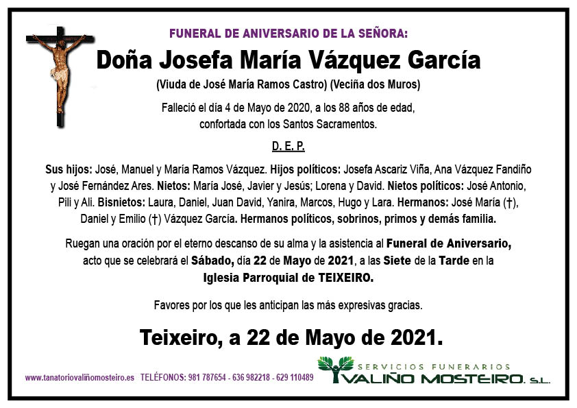 Esquela de Josefa María Vázquez García.